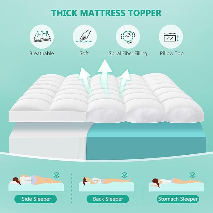 Full XL Mattress Topper - Extra Thick Mattress Pad Cover - Pillow Top with Soft Breathable Spiral Fiber Filling, 8-21 Inch Deep Pocket, Cooling, White