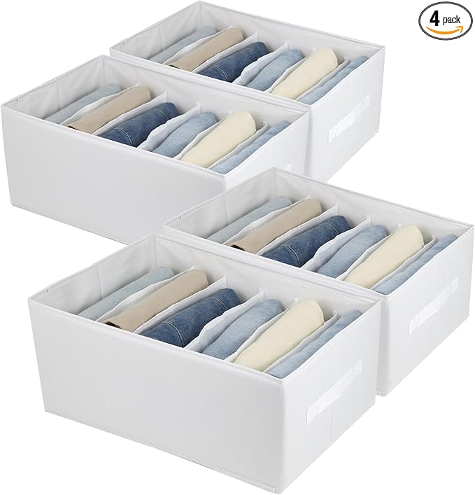 Extra Large Clothes Closet Organizer 6 Compartments for Jean Sweater Sheets to Shirt - Divided Clothing Storage Boxes for Closet, Wordrobe, Bedroom, Shelf (4pc White) by Fordonral