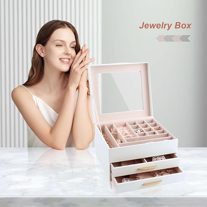 Jewelry Storage Box with Glasses Lid, 3-Tiers Jewelry Organizer Box for Women Girls, Jewelry Case for Rings, Bracelets Earrings, Necklaces (White) - Image 6