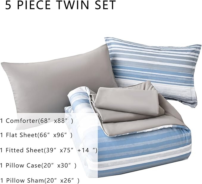 KAKIJUMN 5 Piece Bed in a Bag Stripe Comforter Set Twin Size, White Grey Blue Striped Comforter and Sheet Set, All Season Soft Microfiber Complete Bedding Set(Light Blue,Twin)