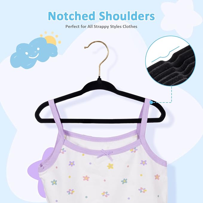 Tonswachic Velvet Baby Hangers 30 Pack - 11 Inch Premium Felt Non Slip Kids Hanger for Infant Toddler Clothes - 0.2" Ultra Thin Baby Clothes Hangers for Children's Closet with 10 Hanger Clips - Black - Image 7