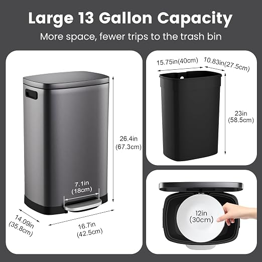ELPHECO Kitchen Trash Can with Lid Soft Close, 13 Gallon / 50L Stainless Steel Pedal Garbage Can, Heavy-Duty Step Wastebasket with 20 Bags, Removable Bucket, Home Office, Titanium Silver - Image 3