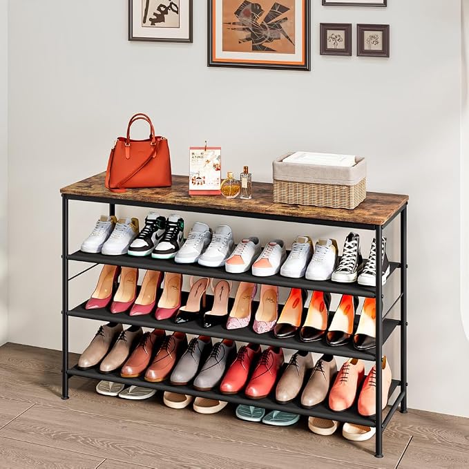 INGIORDAR Shoe Rack Organizer 5 Tier Metal Organizer Shelf with Industrial MDF Board and Layer Fabric for Entryway Closet Bedroom Living Room Garage (Black+Rustic Brown, 4 Tier(47.2" W)) - Image 3