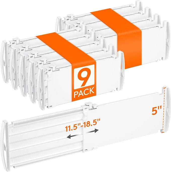 Lifewit 5" Tall 9 Pack Drawer Dividers, 30-47cm/11.5-18.5" Expandable Drawer Divider for Clothes, Adjustable Dresser Drawer Organizers, Drawers Separators for Dresser/Bathroom/Closet/Kitchen White by Lifewit