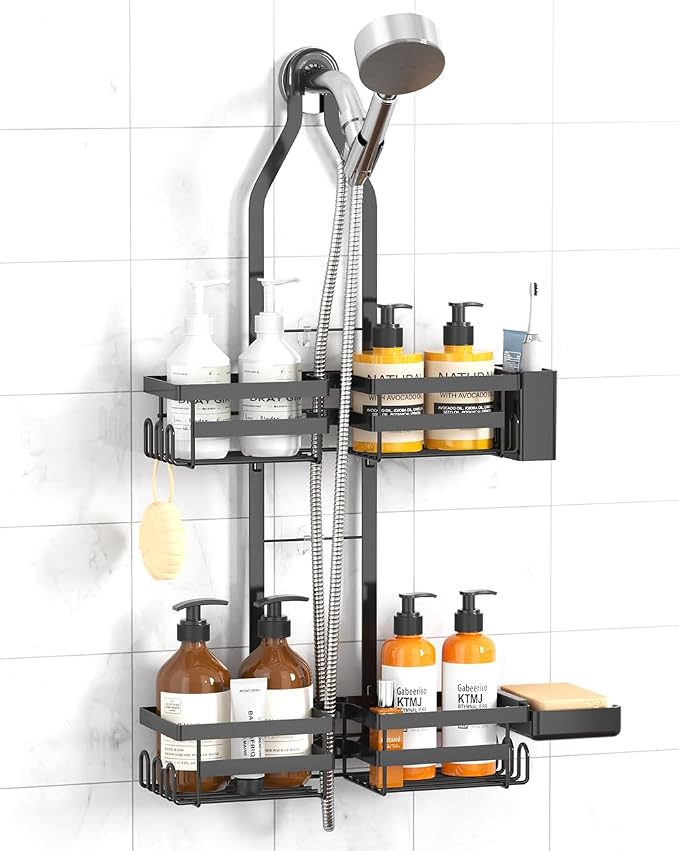 Over the Shower Head Caddy for Handheld Showerhead - Rustproof Hanging Shower Organizer, No Drill 2-Tier Bathroom Storage Shelf with Soap Holder, Black by Unknown