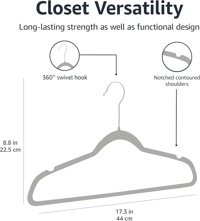 Amazon Basics Slim Velvet Non-Slip Space Saving Suit Clothes Hangers for Closet Organization, Gray/Silver, 100-Pack - Image 5