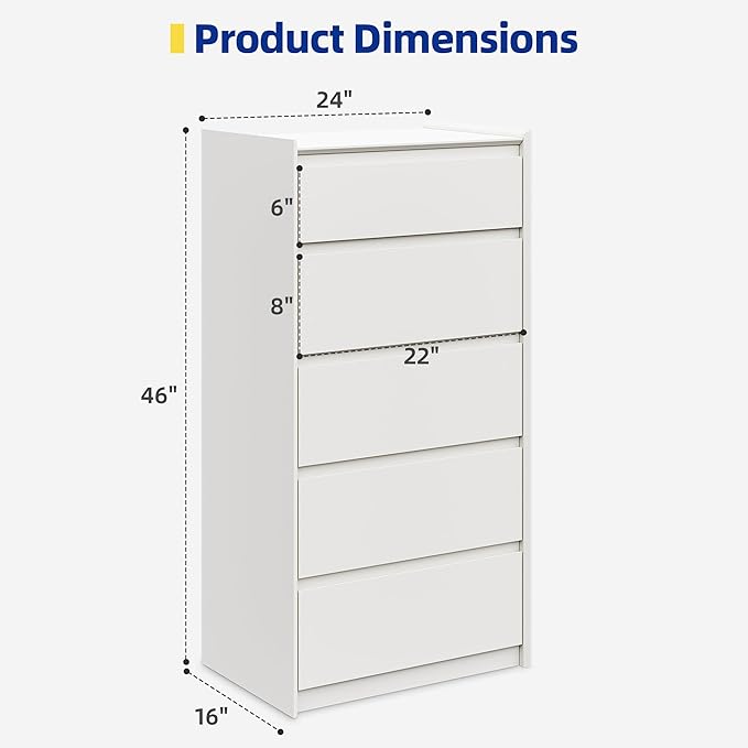 24" Wide White Dresser for Bedroom, 5 Drawer Vertical Chest, Modern Matte Wood Tallboy with Anti-Tip Kit, Space-Saving Storage Organizer for Closet & Small Spaces, Handle-Free