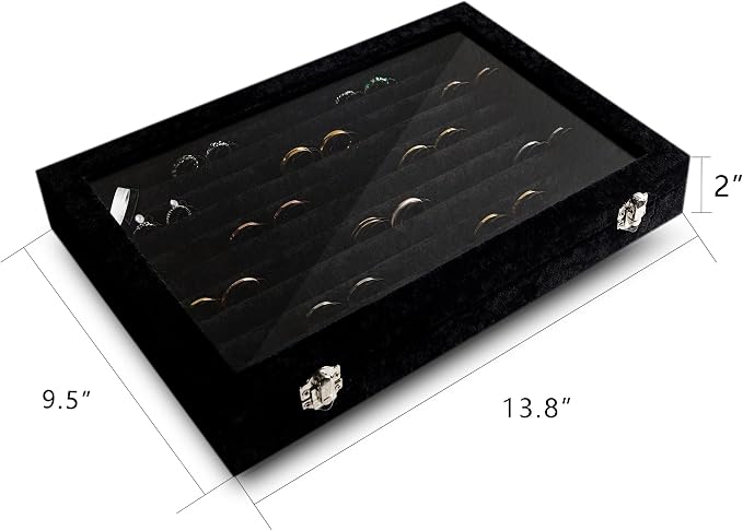 Frebeauty Rings/Earrings Organizer Tray with Clear Lid 10 Slots Velvet Drawer Insert Jewelry Storage box with Transparent Glass lid Jewelry Display Case Showcase Gift for Girls Women (Black, 10 Slots) - Image 2