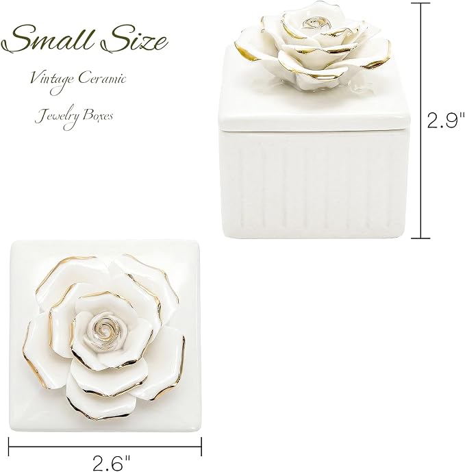 ZOOFOX 3 Pack Vintage Jewelry Box, Small Elegant Embossed Jewelry Holder with Lid and Rose-Shaped Knob, Ceramic Trinket Organizer for Women, Ring, Earrings, Necklace - Image 2