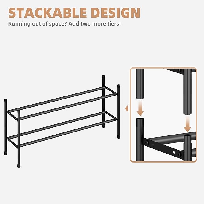 STORAGE MANIAC Long Expandable Shoe Rack, 6 Pairs Metal Wide Stackable Shoe Rack, Adjustable Shoes Shelf, Freestanding Shoes Organizer for Closet, Entryway, Hallway, Garage, Front Door, 1 Tier - Image 3