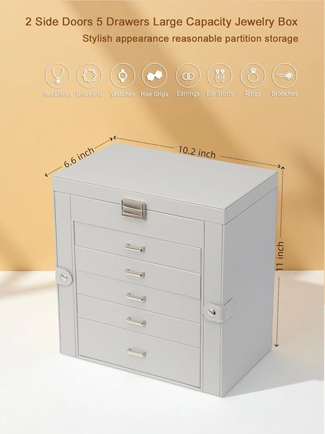 BOOVO Jewelry Box For women, 6 Layer Large Jewelry Organizer With Mirror, Multi-Function Storage Box With Lock, Necklace Holder With 5 Drawers, For Earrings Necklace Bracelet (Silver and Grey) - Image 5