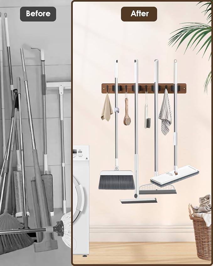 Broom Holder Wall Mounted, 4 Holders and 4 Hooks Mop Holder, Wooden Mop and Broom Holder with Anti slip rubber, Natural pine wood Brush Holder, Mop Wall Holde with Nail installation, Room Storage - Image 2