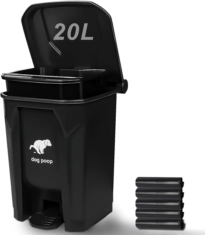 Dog Poop Trash Can Outside, 20L/5Gallon Pedal and Removable Inner Waste Bin, Outdoor Dog Poop Trash Can with 100 Bags, Pet Waste Container for Garden, Black by UPPCASIR