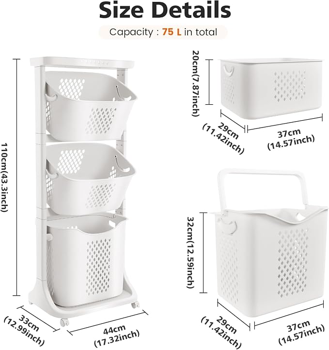 BAOKALER Rolling Laundry Hamper Cart with Wheels, 3 Tier White Laundry Baskets, Clothes Hamper with Portable Storage Baskets for Kitchens, Bathrooms, Bedrooms, Classrooms, Laundry Rooms(75L) - Image 2