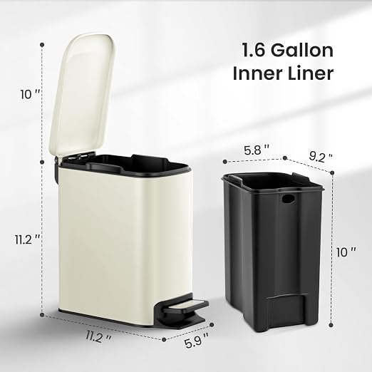 Cesun Small Bathroom Trash Can with Lid Soft Close, Step Pedal, 6 Liter / 1.6 Gallon Stainless Steel Garbage Can with Removable Inner Bucket, Anti-Fingerprint Finish (Creamy White) - Image 6