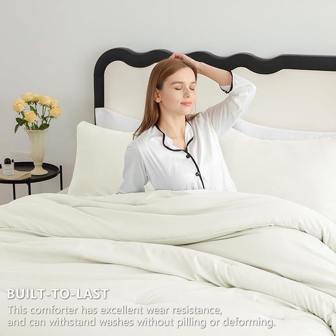 CozyLux Queen Comforter Set Ivory, 3 Pieces Solid Comforters Queen Size Breathable Quilted Bedding Sets, Luxury Soft Lightweight Bed Set with Down Alternative Comforter and 2 Pillowcases All Seasons