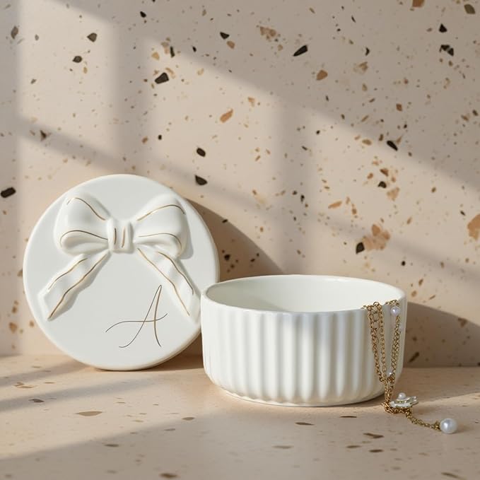 COLLECTIVE HOME Monogram Initial Jewelry Box with Bow - Elegant Ring Holder & Earring Dish | Christmas Gift Idea for Women, Unique Birthday Present for Herr (A) by COLLECTIVEHOME