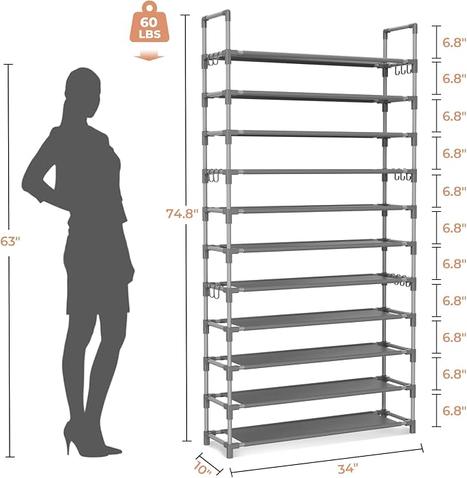LANTEFUL 11 Tiers Tall Shoe Rack Holds 55 Pairs of Shoes with 18pcs Hooks Sturdy Wide Shoe Organizer Storage Free Standing Metal Shoe Shelf for Closet, Entryway Grey - Image 3