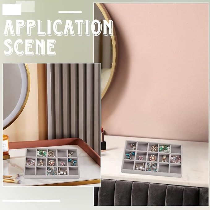2Pcs 5 x 8.3 Inch Jewelry Drawer Inserts Velvet Jewelry Tray Gray 15 Grids Dresser Earring Drawer with Removable Divider Necklace Organizer Storage Container for Bracelet Ring Watch Display - Image 4