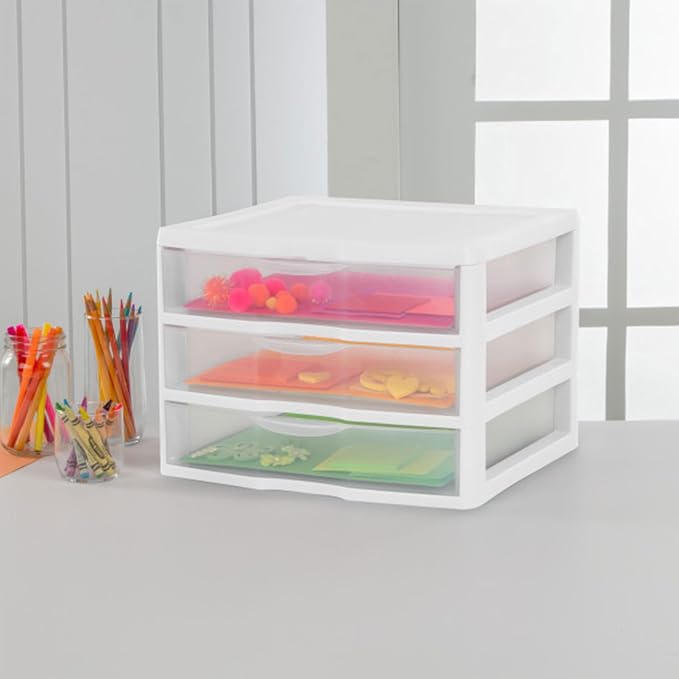 Sterilite 3-Pack Wide 3 Drawer Unit, Plastic Desktop Organizer with Clear Drawers, White Frame - Stackable Multi-Purpose Storage for Office Supplies, Craft Rooms, Classrooms and Home Organization - Image 6