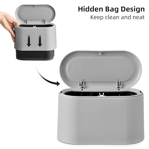 SUBEKYU 0.5 Gal Mini Countertop Trash Can with Lid for Desktop, Small Garbage Can for Office, Tiny Wastebasket, Plastic, Light Grey - Image 3