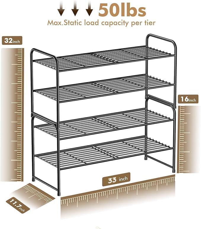 SUFAUY 2-Tier 33" Wide Shoe Rack, Closet Metal Shoe Rack Organizer Heavy Duty, Stackable, Black - Image 3