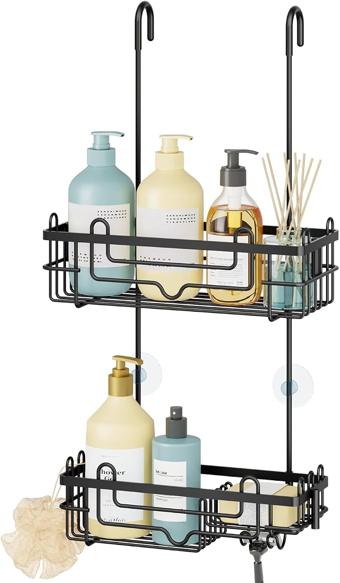 Consumest Over the Door Shower Caddy - 2-Tier Hanging Shower Organizer with Soap Holder, Rustproof Bathroom Storage and Organizer Rack for Shampoo, Towels, and Toiletries, Black by Consumest