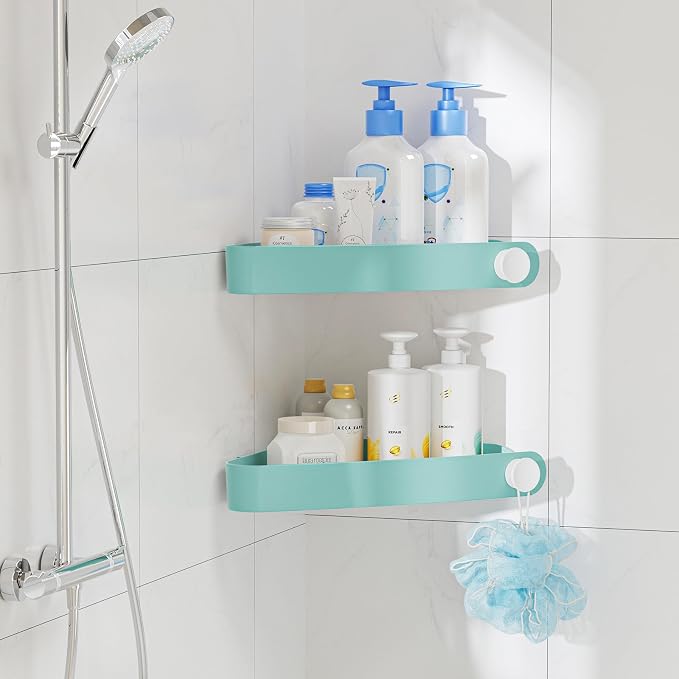 Sotfamily Plastic Shower Caddy Corner (For 90° Only), 2 Pack Adhesive Corner Shower Shelves for Bathroom Organizers and Storage, Turquoise - Image 4