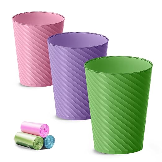 Lysam Bathroom Trash Can, 3 Pack 1.8 Gallons Small Trash Can with Trash Bags, Bathroom Garbage Can, Plastic Trash Bin, Round Waste Basket for Bedroom, Office, Compact Space (Pink Purple Green) by Lysam