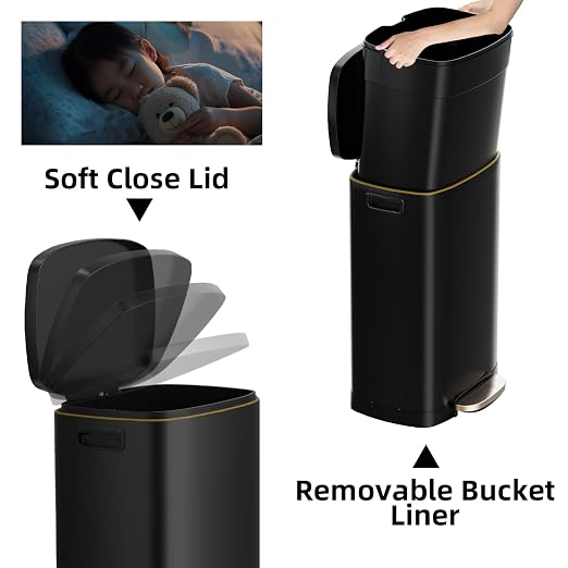 KdbK 13 Gallon Trash Can with Lid, 50L Fingerprint Proof Stainless Steel Kitchen Trash Can with Removable Inner Bucket and Lid Soft Close, Pedal Rubbish Bin for Home Office, Black - Image 3
