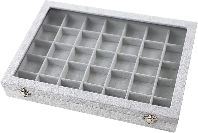 Jewelry Tray 35 Grid Velvet Jewelry Organizer with Clear Lid Transparent Earring Bracelet Organizer Holder Case with Clasp Drawer Insert for Rings Studs Gift for Women Girls - Image 2