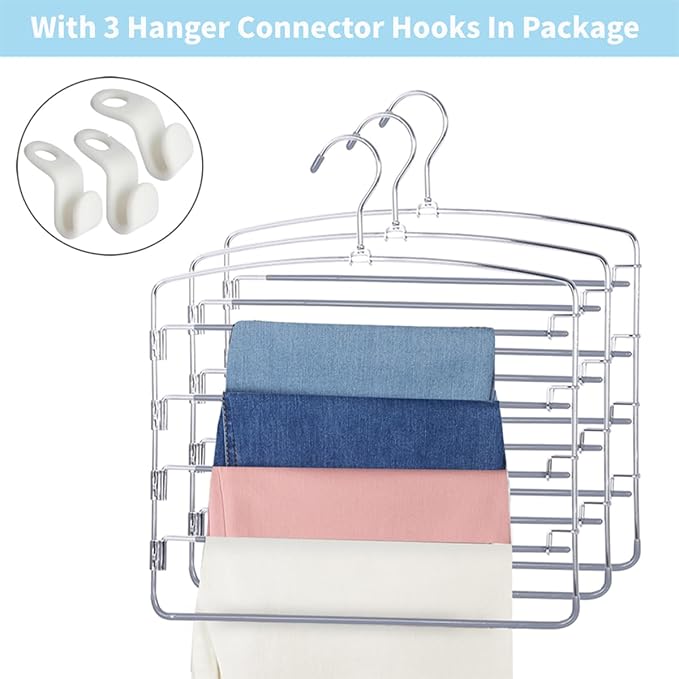 FeeraHozer Pants Hangers Space Saving 3 Pack No Slip 5 Layers Multi Functional Pants Rack Stainless Steel Swing Arm Space Saver Hanger for Trousers Jeans Towels Scarf （Grey） - Image 6