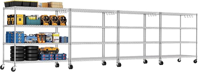 PrimeZone 4 Tier 55.5" Wx24 Dx76 H Wire Shelving with Wheels 2400lbs NSF Certified Storage Shelves Heavy Duty Metal Shelf Adjustable Rolling Rack Commercial Garage Restaurant Warehouse Chrome 4Pack by PrimeZone