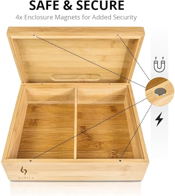 Subtle Rolling Tray Stash Box - Large Bamboo Box w/Ample Storage Space to Organize Herb Accessories - Comes with Convertible Rolling Tray Lid - (10" x 8" x 3.5") - Image 6