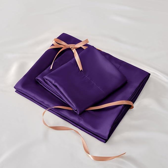 BEDELITE Satin Sheets Twin Size Bed Set, Luxury Soft Plum Purple Silky Sheets for Hair and Skin, Similar to Silk Bed Sheets Set 3 Pieces with 1 Deep Pocket Fitted Sheet, 1 Flat Sheet, and 1 Pillowcase