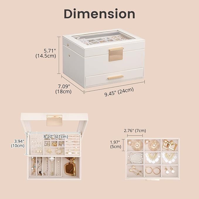 Lolalet Jewelry Box, Clear Window Jewelry Organizer with Drawer for Earrings Bracelets Necklaces Rings, Jewelry Storage for Women -White, 3 Layers - Image 6