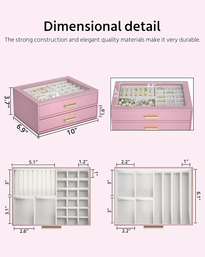 AKOZLIN Jewelry Box with Clear Lid Functional Leather Jewelry Storage Organizer Case 2 Drawers for Women Girls Necklace Ring Bracelet Earring - Image 2