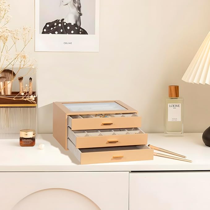 Jewelry Box with Glass Lid, 3-Layer Jewelry Organizer for Women Girls, PU Leather Display Case with 20-Grid Earring Tray & Movable Dividers for Necklaces Rings,Camel - Image 2