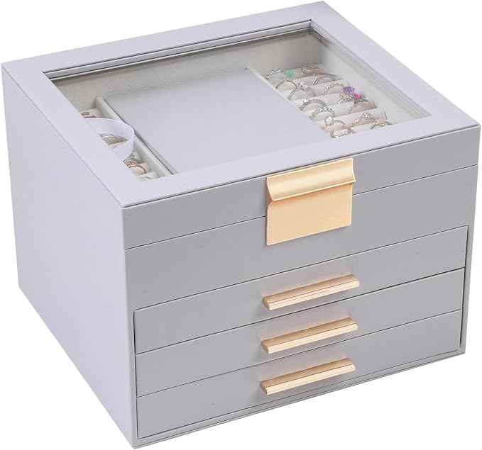 BOOVO Clear Lid Jewelry Box,4 Layers Jewelry Organizer Large Jewelry Storage Box with 3 Drawers,Jewelry Holder Organzier of Rings Earrings Necklace Bracelets for Women (Grey, 4 Layer) by BOOVO