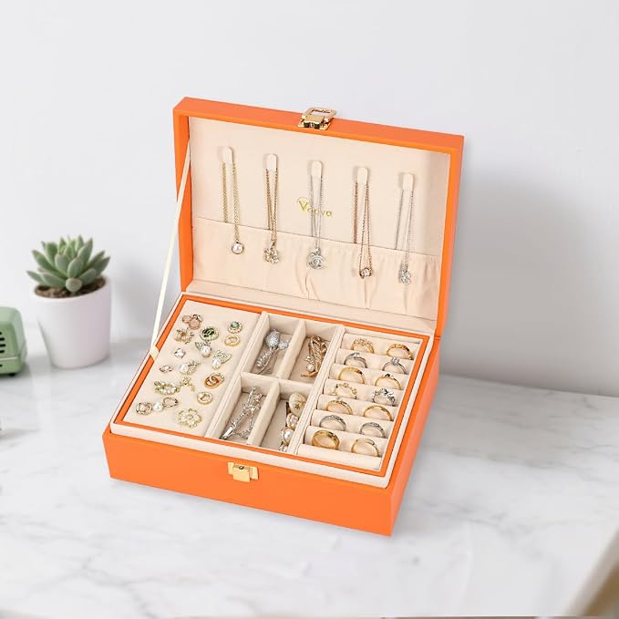 Voova Jewelry Box Organizer for Women Girls, 2 Layer Large Men Jewelry Storage Case, PU Leather Display Jewellery Holder with Removable Tray for Necklace Earrings Rings Bracelets, Vintage Gift,Orange - Image 4