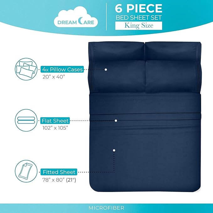 DREAMCARE California King Sheet Sets - 6 pcs Breathable Cooling Bed Sheets - up to 15" Deep California King Sheets with Side Pockets -Extra Soft 100% Brushed Hypoallergenic Hotel Luxury Bedding N-Blue