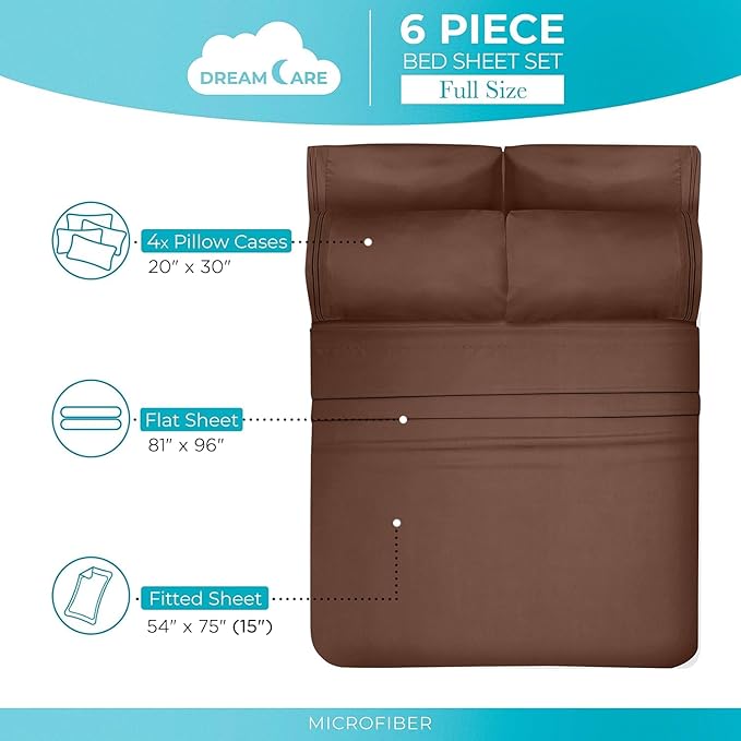 DREAMCARE Full Size Sheets - 6 pcs Breathable Cooling Bed Sheets - up to 15" Deep Pocket Full Size Bed Sheets wth Side Pockets - Extra Soft 100% Brushed Hypoallergenic Hotel Luxury Bedding Mocha Brown