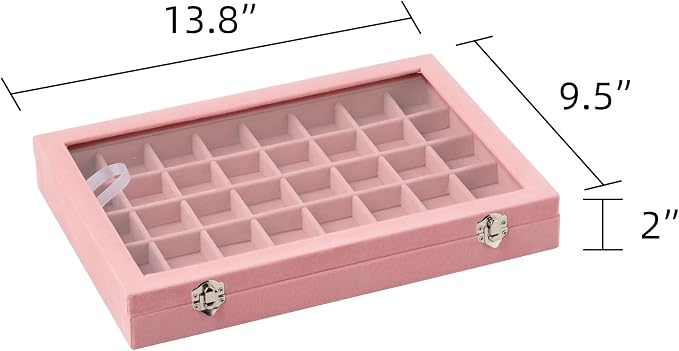 Frebeauty 40 Grid Jewelry Tray,Adjustable Earring Holder Organizer with Glass Lid,Velvet Drawer Jewelry Organizer for Rings,Studs,13.8 x 9.5 x 2 Inches Jewelry Display Box,Gift for Women(Pink) - Image 3