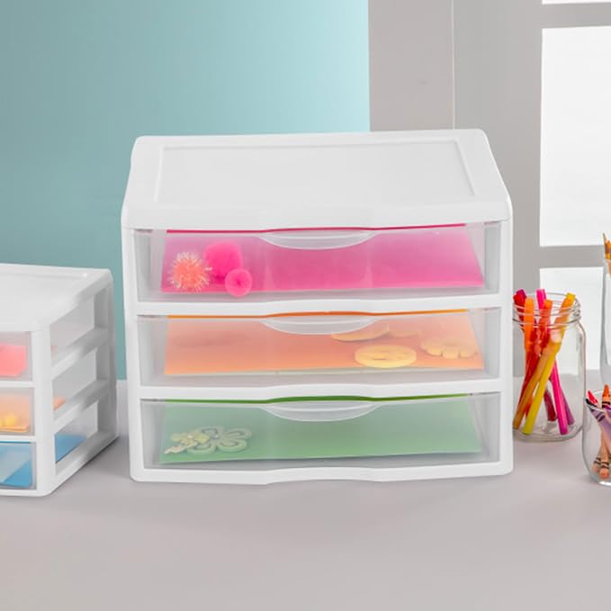 Sterilite 3-Pack Wide 3 Drawer Unit, Plastic Desktop Organizer with Clear Drawers, White Frame - Stackable Multi-Purpose Storage for Office Supplies, Craft Rooms, Classrooms and Home Organization - Image 7
