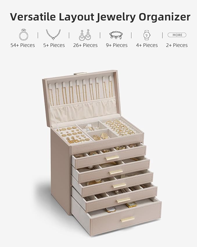 VLANDO 6 Layer Large Jewelry Box - Jewelry Holder Organizer, Jewelry Box Organizer for Drawer Necklace Ring Bracelet and Watch, Birthday Gift for Loved Ones - Toffee - Image 5
