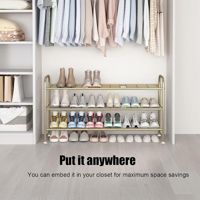 LINZINAR Shoe Rack Long 3 Tier Shoe Storage Organizer Metal Wide Shoe Shelf for Closet Entryway Bedroom 24 Paris Large Capacity, Gold - Image 5