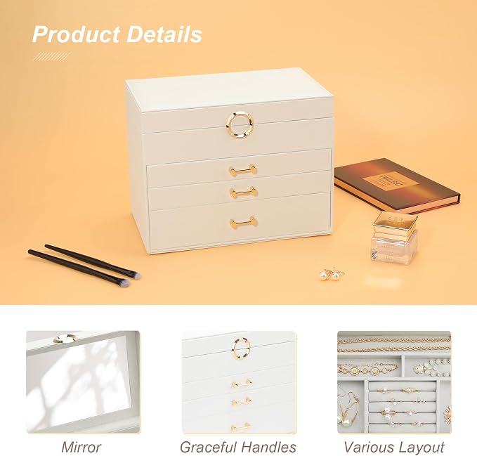 Jewelry Box with Mirror，Jewelry Holder Organize with 3 Drawer，4-Layer Jewelry Box for Women Girls，Large Jewelry Storage Box. (White - Image 5