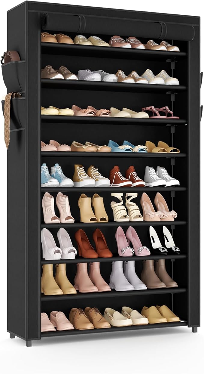 VILICK Shoe Rack with Cover Narrow Shoe Organizer with Pockets 10 Tier Tall Shoe Storage Holds 36-41 Pairs Shoes and Boots Shoe Rack for Closet Entryway Garage, Black by VILICK