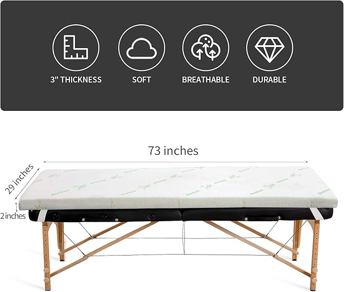 HOMBYS Memory Foam Massage Bed Mattress Topper with Cooling Rayon Derived from Bamboo Cover, Lash Bed Table Mattress Topper with Elastic Bands, Cushion Only, White, 73" x 29"