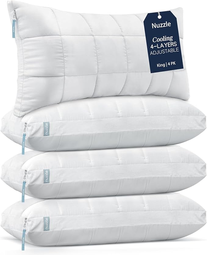 Nuzzle King Size Pillows Set of 4 Cooling Adjustable Pillows for Side Sleepers, Luxury Hotel Collection Bed Pillows – Best Adjust Height Soft Firm Pillows for Back, Stomach and Side Sleepers